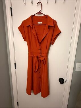 Calvin Klein Rust Orange Button-Front Midi Shirt Dress with Tie